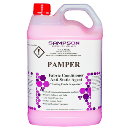 Pink fabric softener in white bottle - Pamper fabric softener - Sampsons